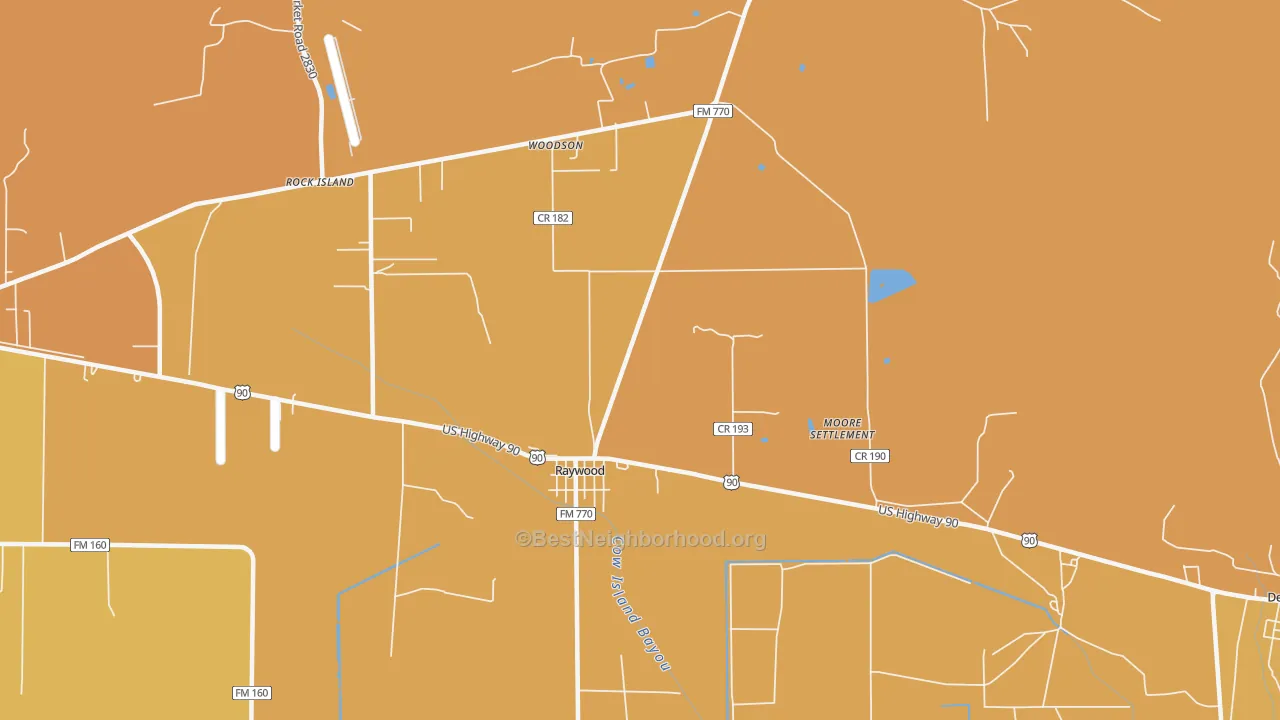 Map of the best neighborhoods in the Raywood area, with better matches in green and worse matches in red