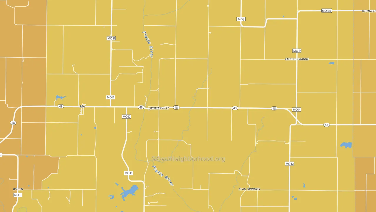Map of the best neighborhoods in the Rea area, with better matches in green and worse matches in red