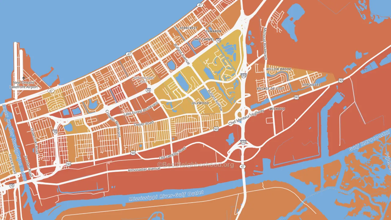 Map of the best neighborhoods in the Read Blvd East, New Orleans area, with better matches in green and worse matches in red