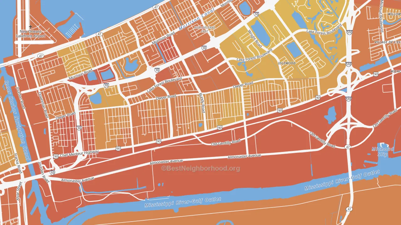 Map of the best neighborhoods in the Read Blvd West, New Orleans area, with better matches in green and worse matches in red