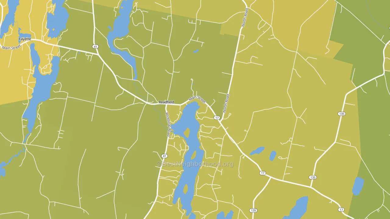 Map of the best neighborhoods in the Readfield area, with better matches in green and worse matches in red