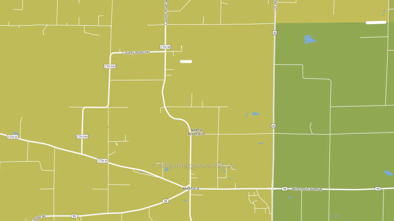 Map of the best neighborhoods in the Readfield area, with better matches in green and worse matches in red