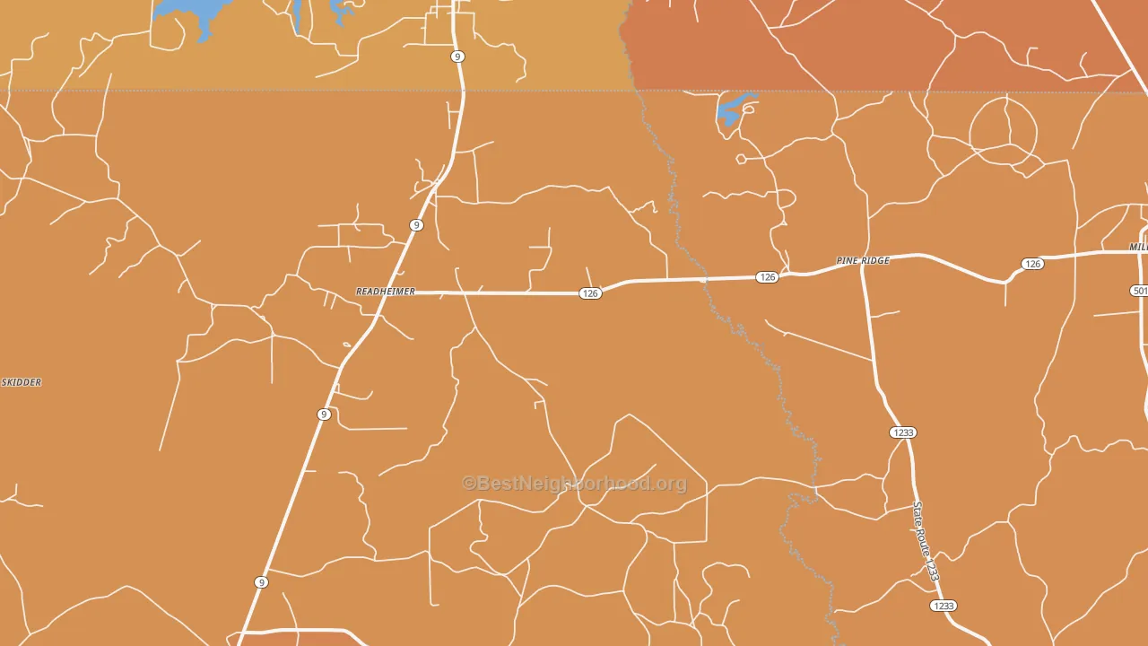Map of the best neighborhoods in the Readheimer area, with better matches in green and worse matches in red