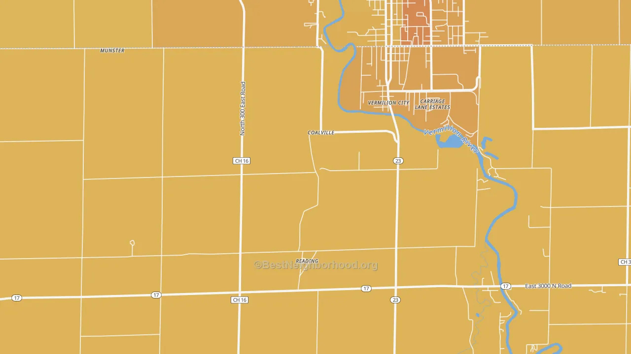 Map of the best neighborhoods in the Reading area, with better matches in green and worse matches in red