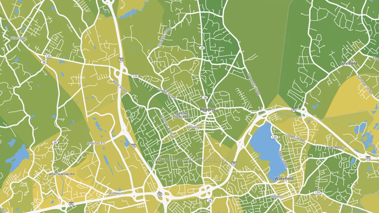 Map of the best neighborhoods in the Reading area, with better matches in green and worse matches in red