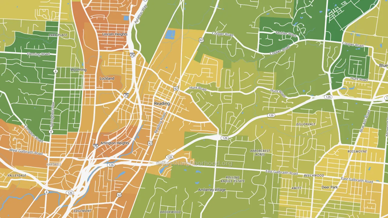 Map of the best neighborhoods in the Reading area, with better matches in green and worse matches in red