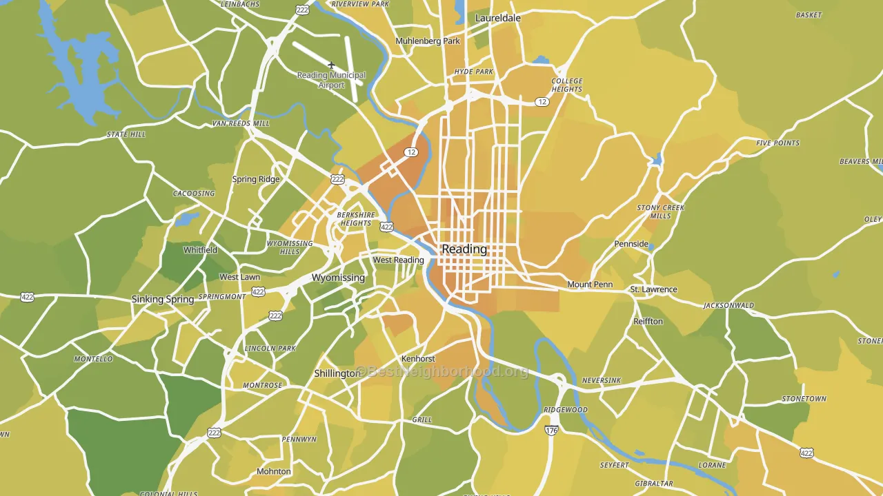 Map of the best neighborhoods in the Reading Metro area, with better matches in green and worse matches in red