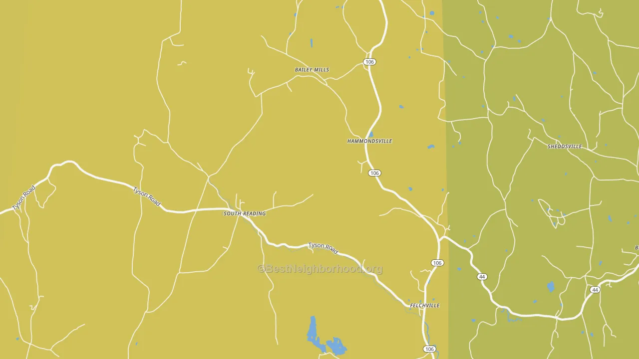Map of the best neighborhoods in the Reading area, with better matches in green and worse matches in red
