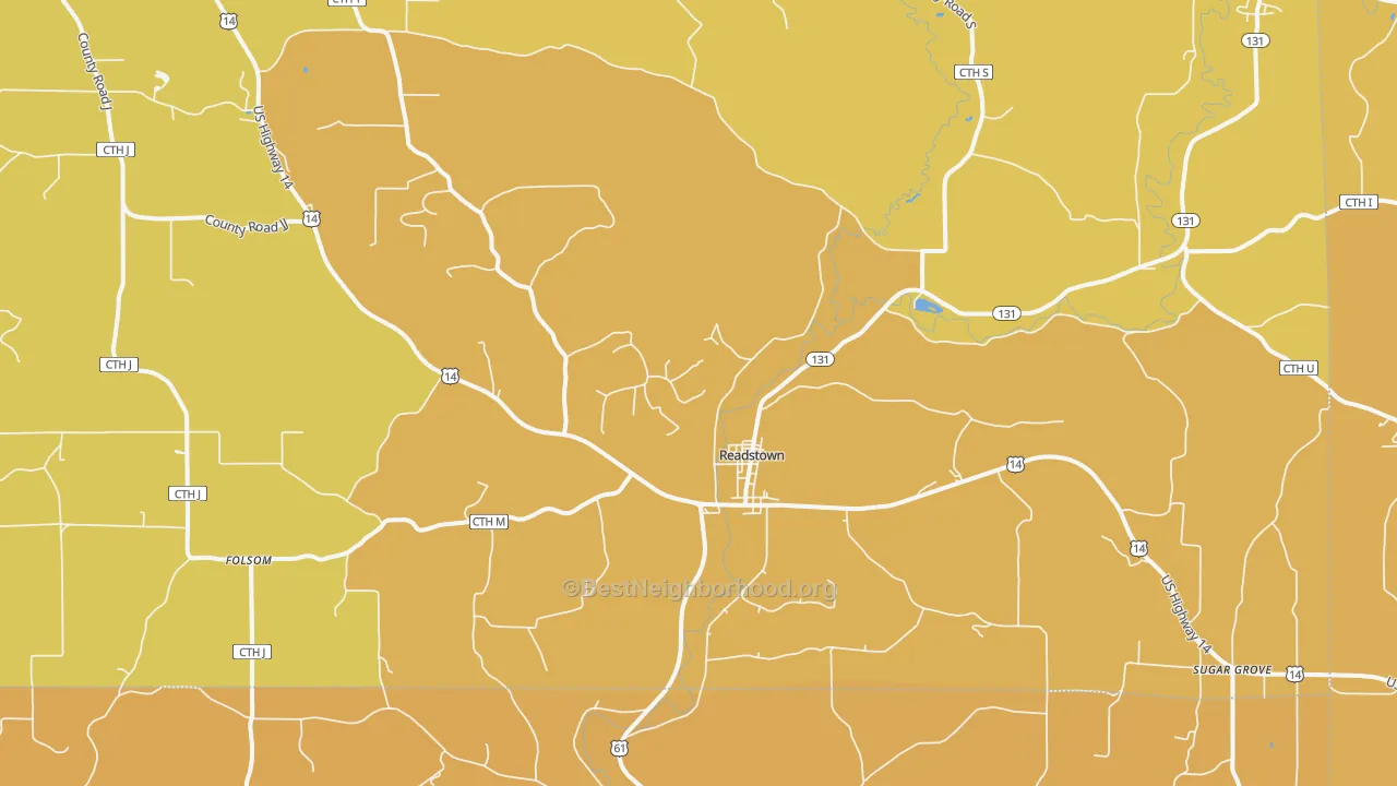 Map of the best neighborhoods in the Readstown area, with better matches in green and worse matches in red
