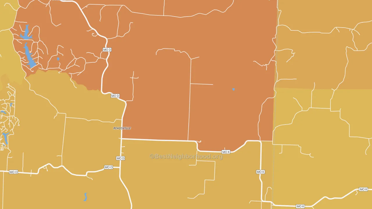 Map of the best neighborhoods in the Readsville area, with better matches in green and worse matches in red