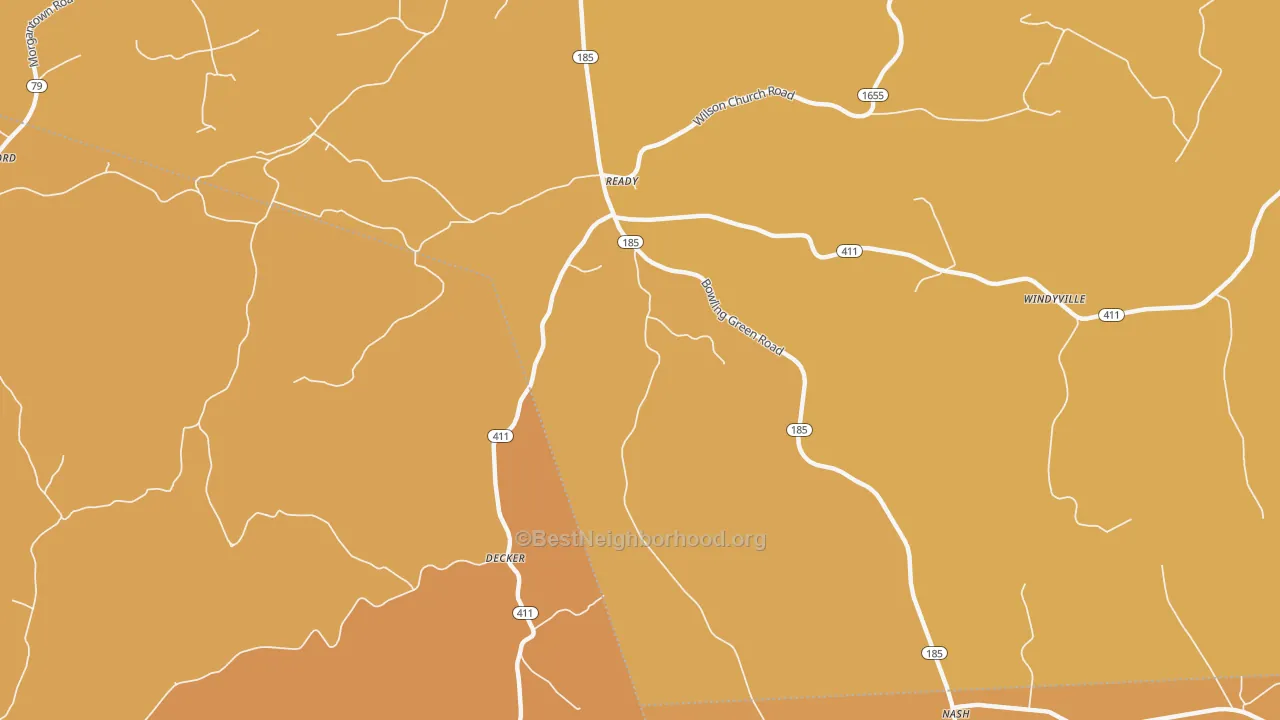 Map of the best neighborhoods in the Ready area, with better matches in green and worse matches in red