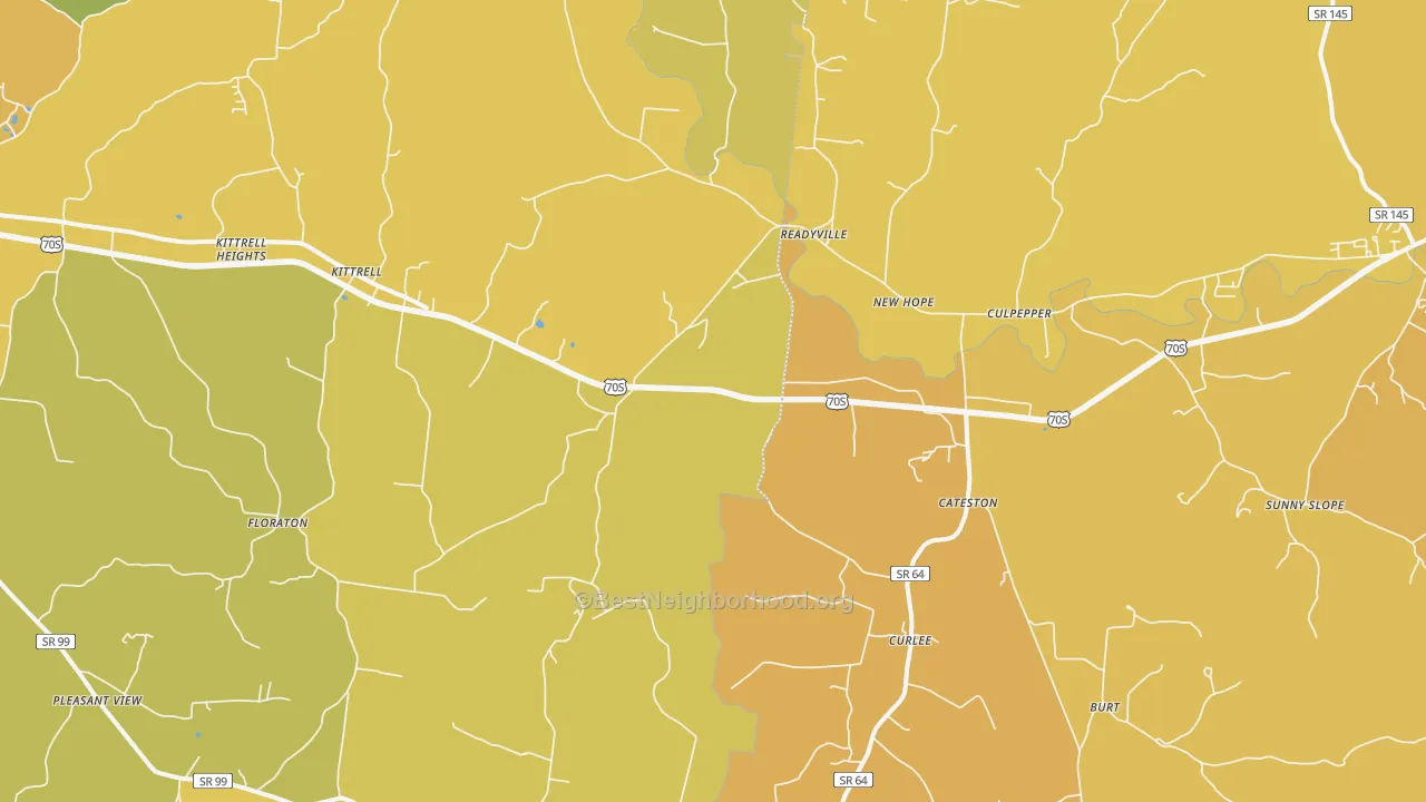 Map of the best neighborhoods in the Readyville area, with better matches in green and worse matches in red