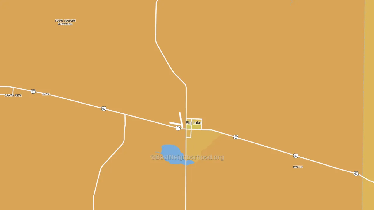 Map of the best neighborhoods in the Reagan County area, with better matches in green and worse matches in red