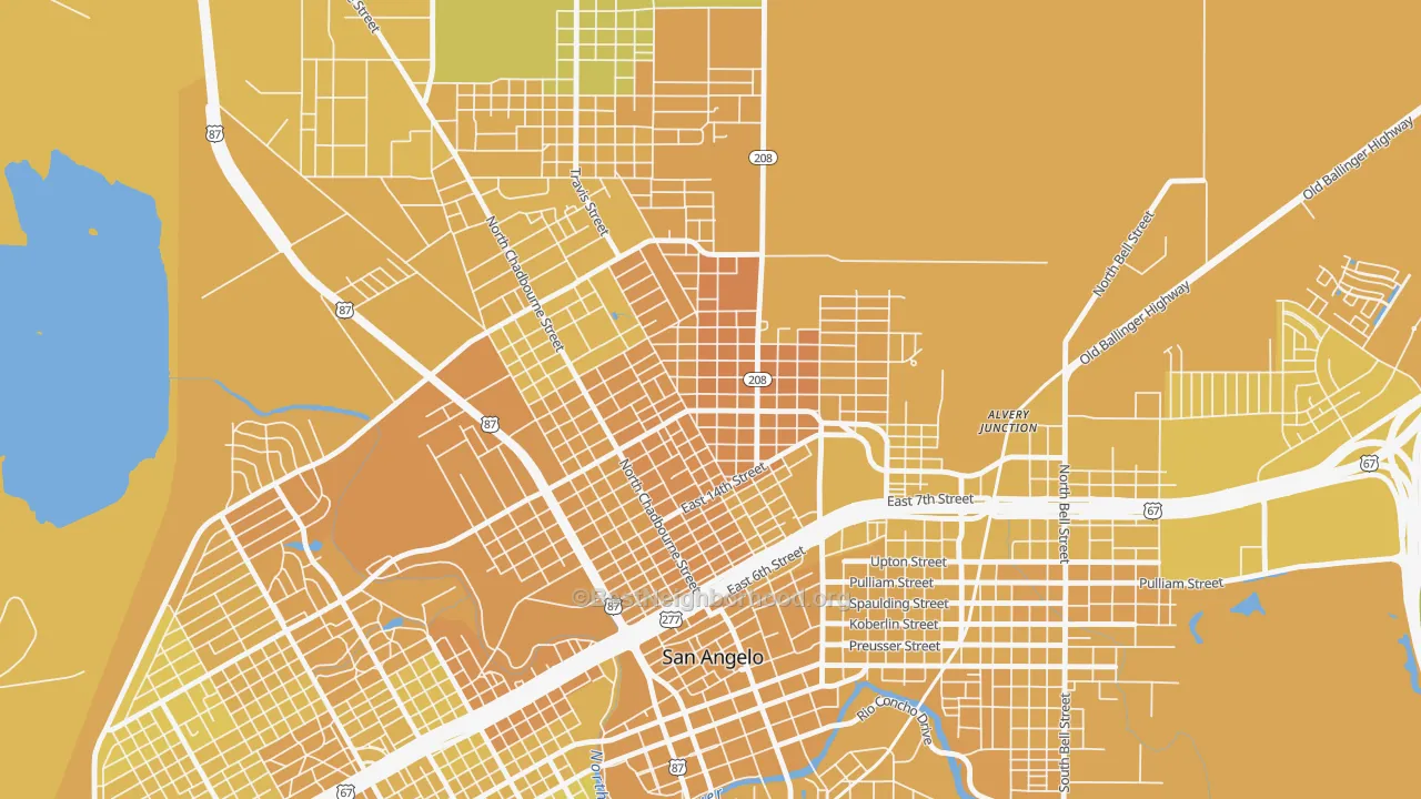 Map of the best neighborhoods in the Reagan, San Angelo area, with better matches in green and worse matches in red