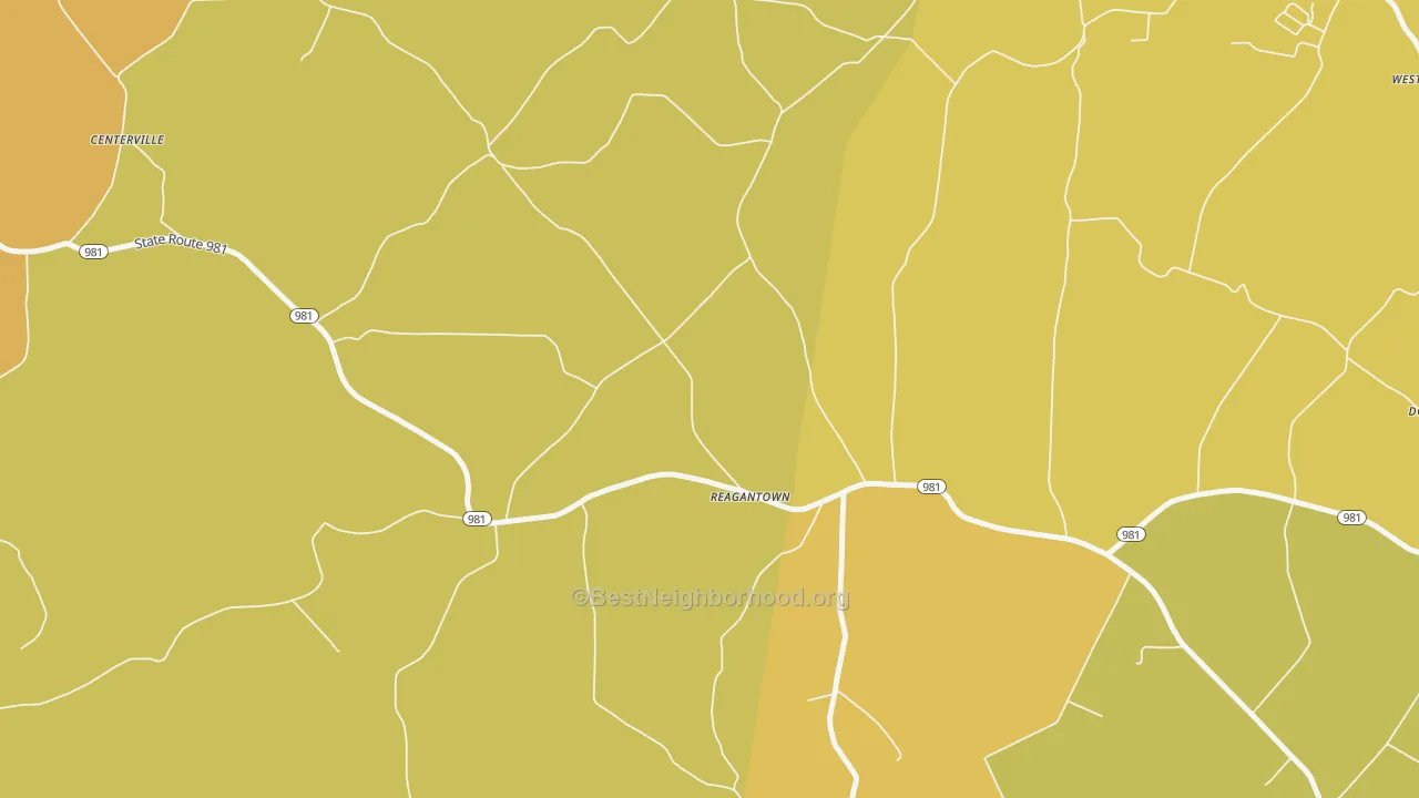 Map of the best neighborhoods in the Reagantown area, with better matches in green and worse matches in red