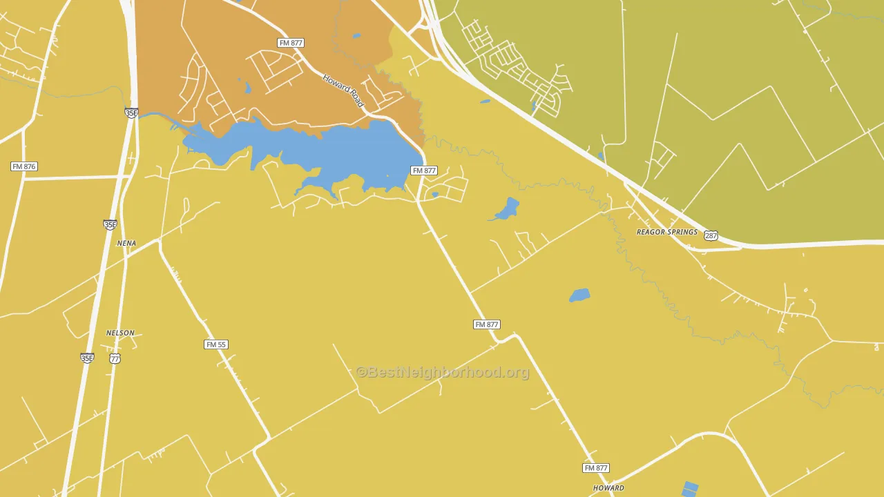 Map of the best neighborhoods in the Reagor Springs area, with better matches in green and worse matches in red