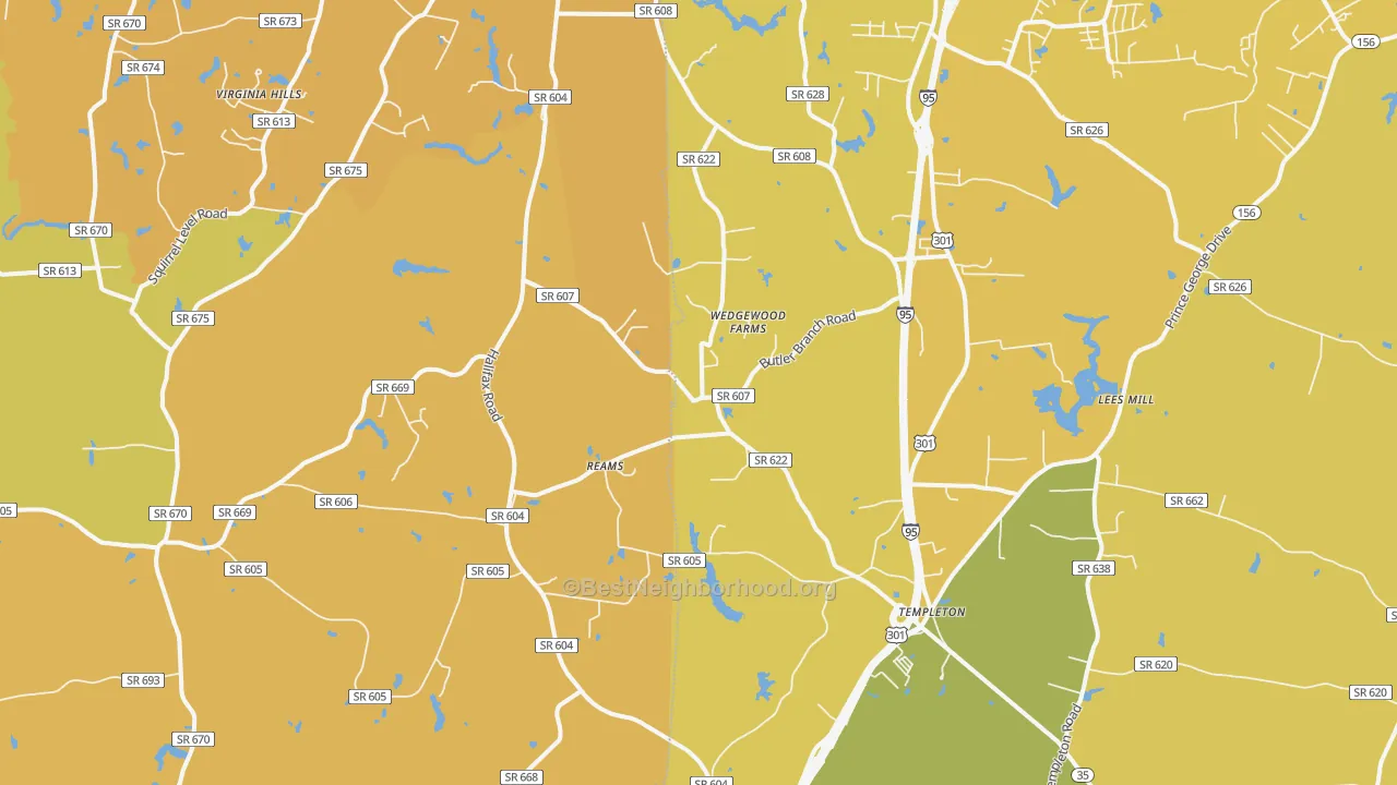 Map of the best neighborhoods in the Reams area, with better matches in green and worse matches in red