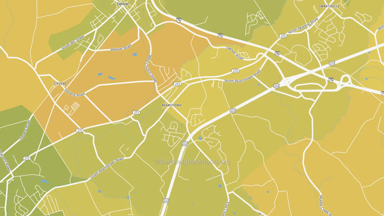 Map of the best neighborhoods in the Reamstown area, with better matches in green and worse matches in red