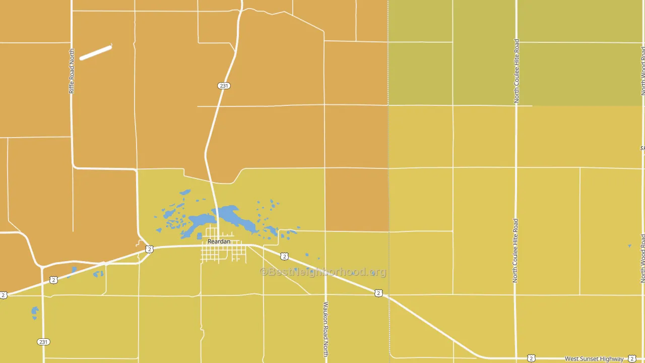 Map of the best neighborhoods in the Reardan area, with better matches in green and worse matches in red