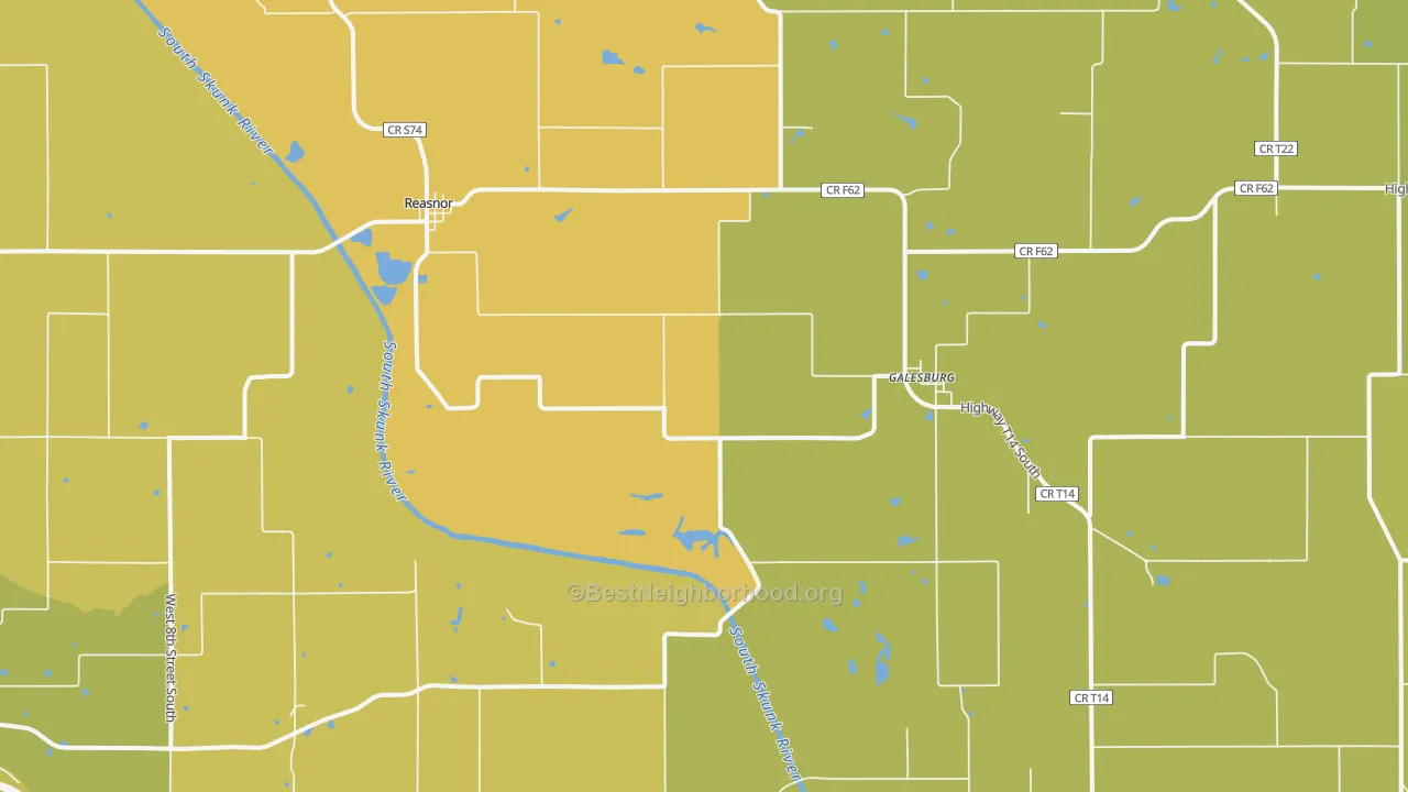 Map of the best neighborhoods in the Reasnor area, with better matches in green and worse matches in red