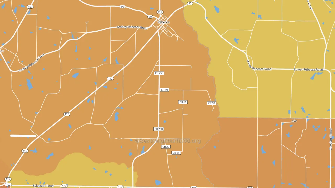 Map of the best neighborhoods in the Rebecca area, with better matches in green and worse matches in red