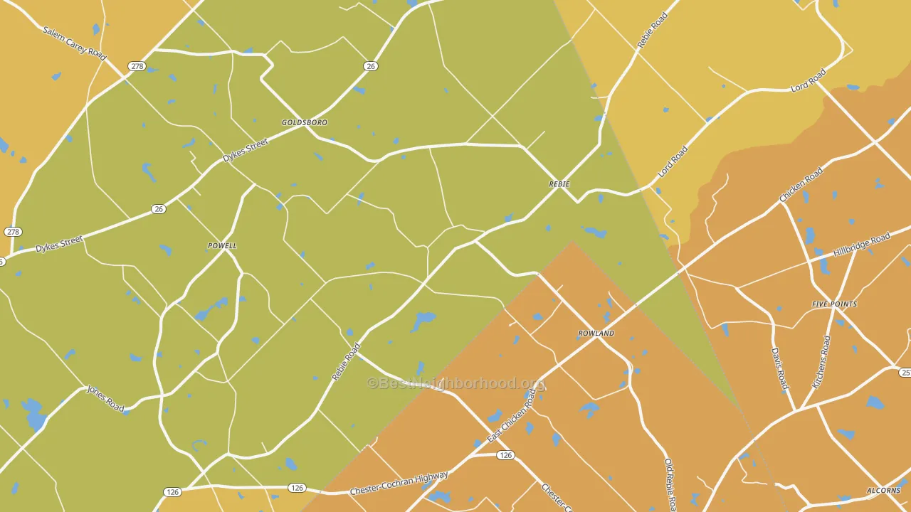 Map of the best neighborhoods in the Rebie area, with better matches in green and worse matches in red