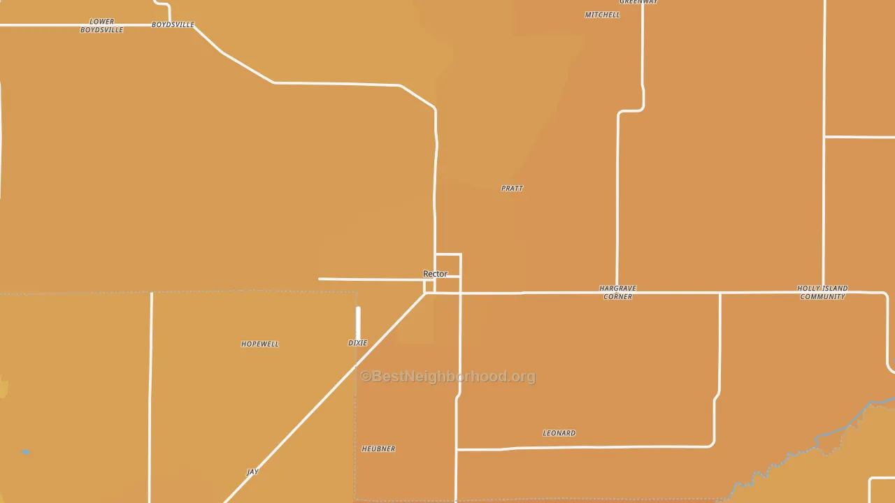 Map of the best neighborhoods in the Rector area, with better matches in green and worse matches in red