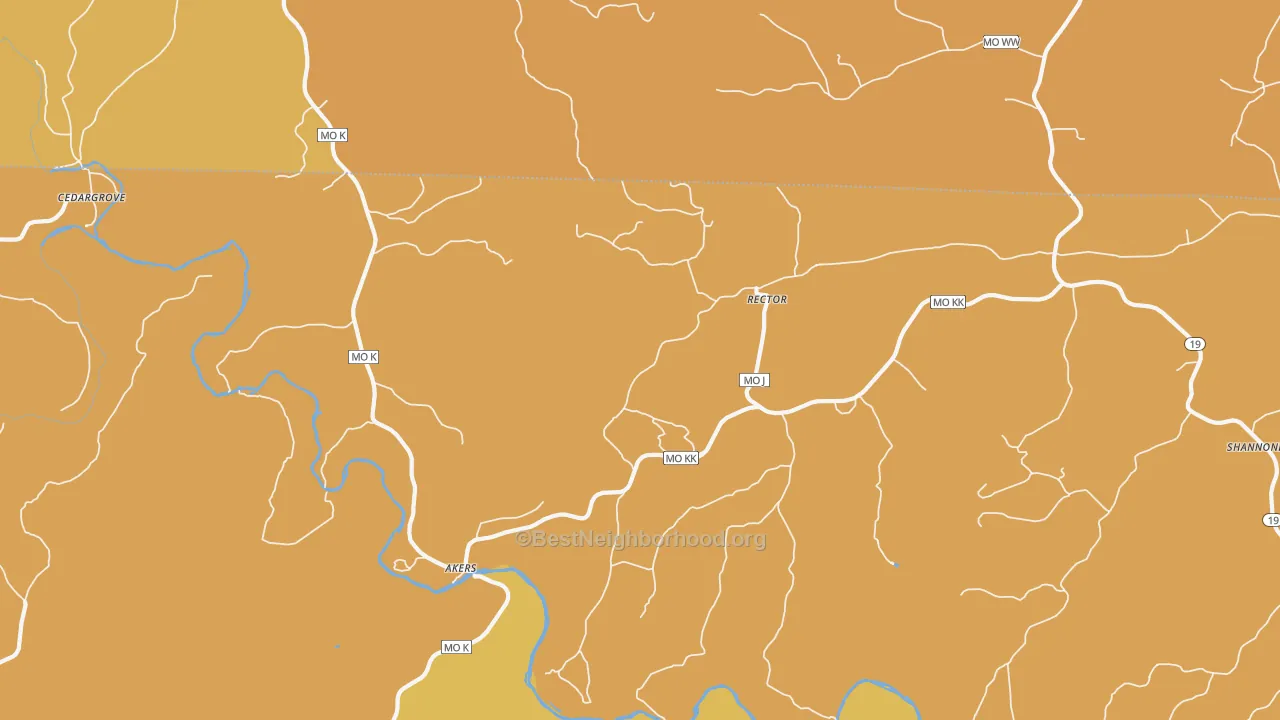 Map of the best neighborhoods in the Rector area, with better matches in green and worse matches in red