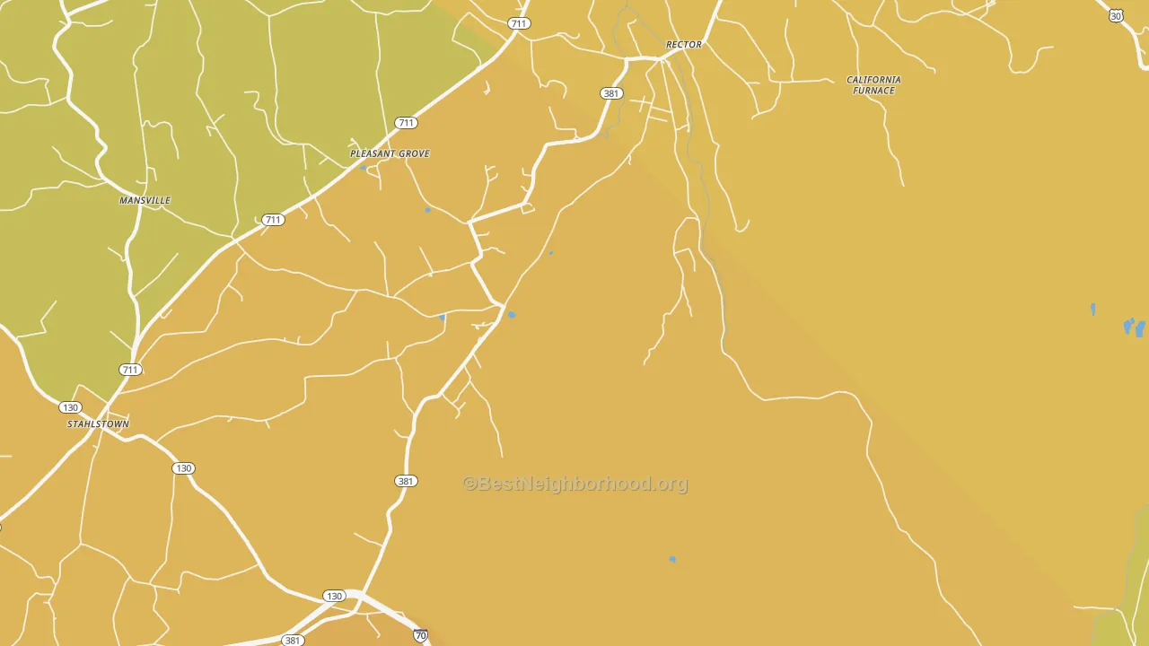 Map of the best neighborhoods in the Rector area, with better matches in green and worse matches in red