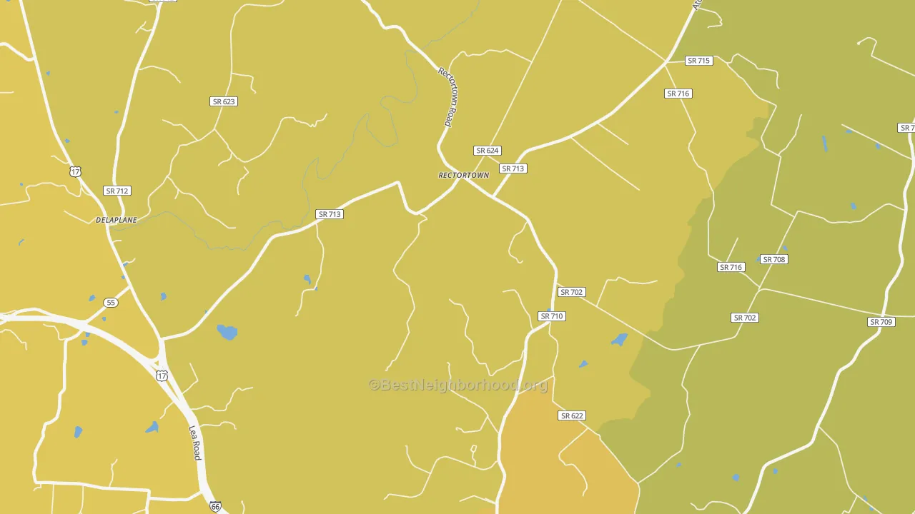 Map of the best neighborhoods in the Rectortown area, with better matches in green and worse matches in red