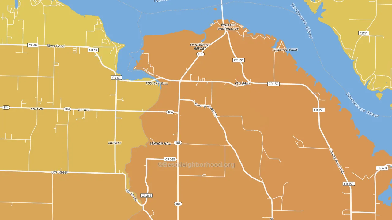 Map of the best neighborhoods in the Red Bank area, with better matches in green and worse matches in red