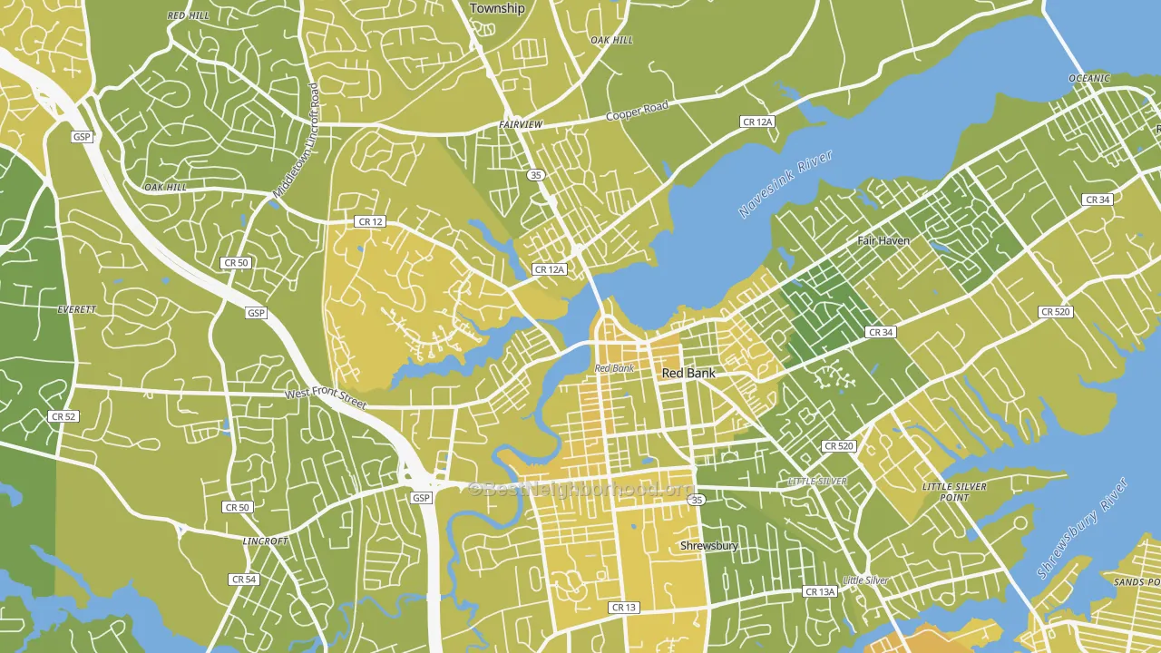 Map of the best neighborhoods in the Red Bank area, with better matches in green and worse matches in red