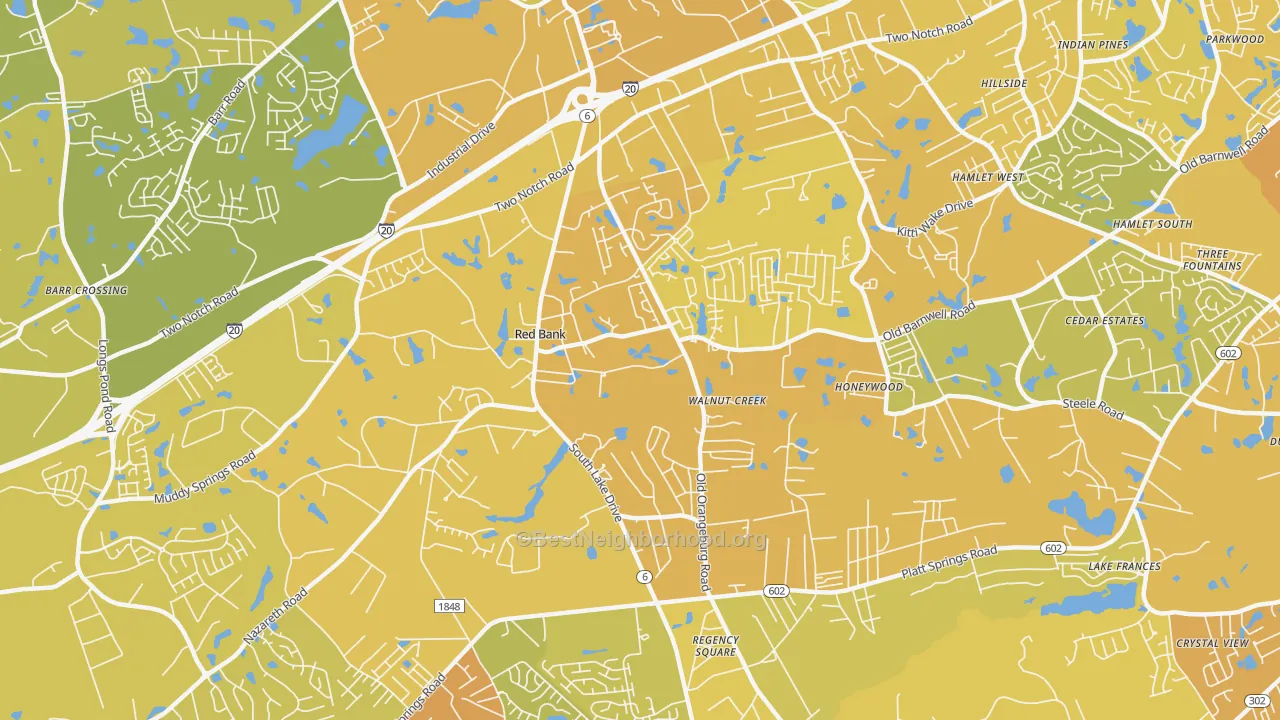 Map of the best neighborhoods in the Red Bank area, with better matches in green and worse matches in red