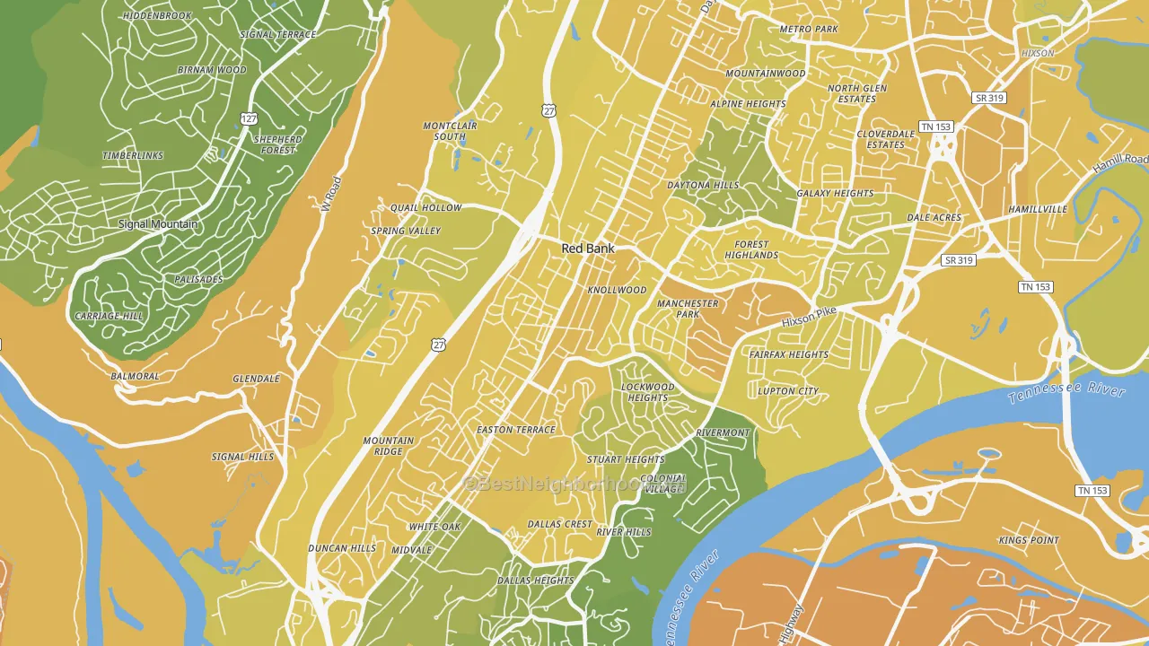 Map of the best neighborhoods in the Red Bank area, with better matches in green and worse matches in red