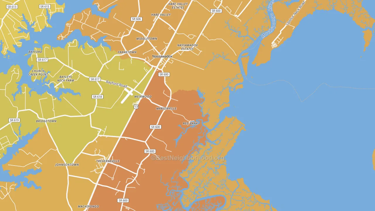 Map of the best neighborhoods in the Red Bank area, with better matches in green and worse matches in red
