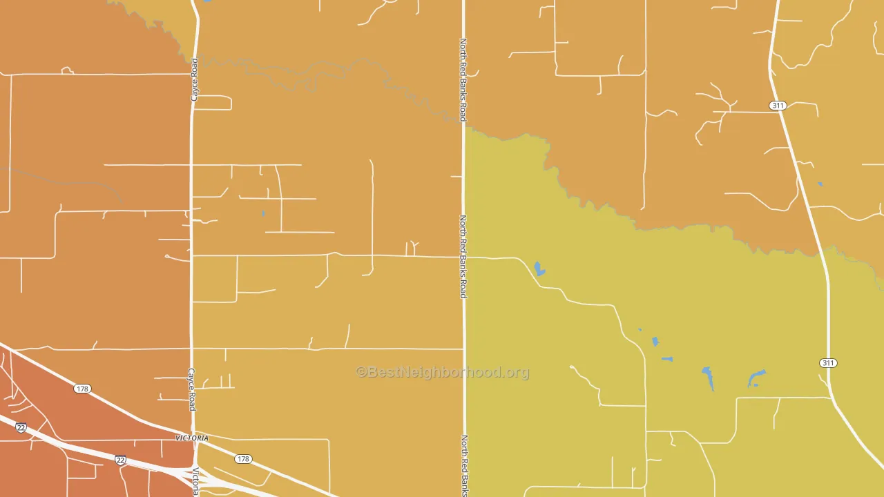 Map of the best neighborhoods in the Red Banks area, with better matches in green and worse matches in red