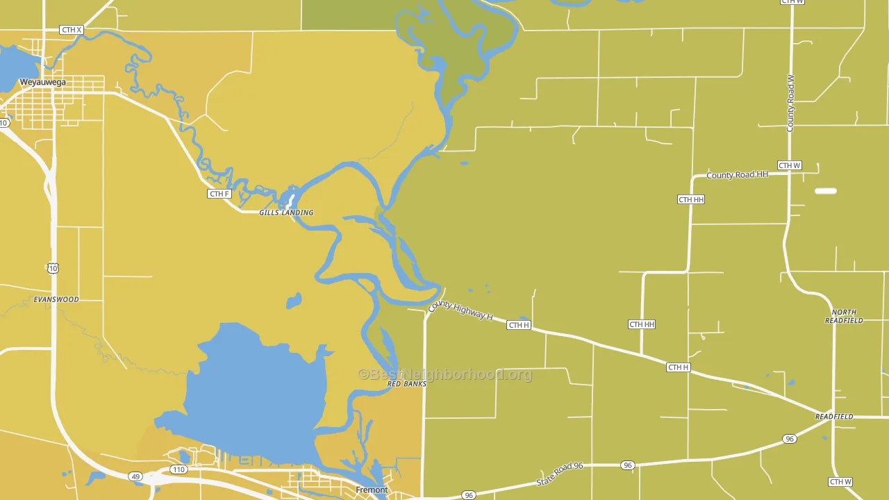 Map of the best neighborhoods in the Red Banks area, with better matches in green and worse matches in red