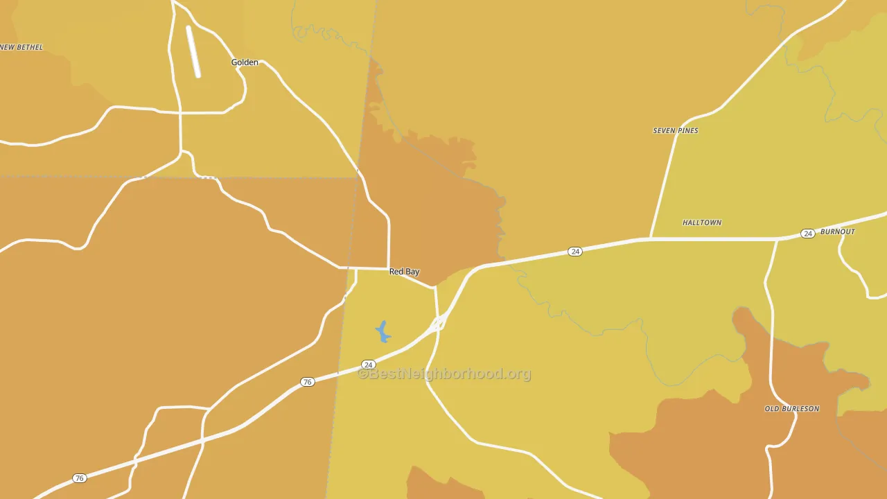 Map of the best neighborhoods in the Red Bay area, with better matches in green and worse matches in red