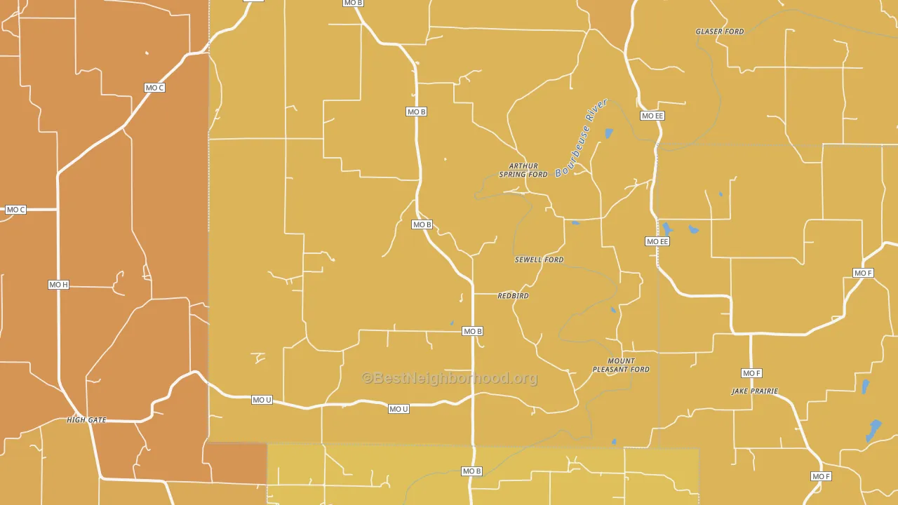 Map of the best neighborhoods in the Red Bird area, with better matches in green and worse matches in red