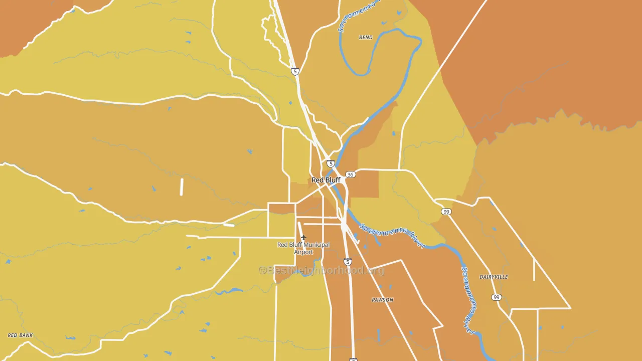 Map of the best neighborhoods in the Red Bluff area, with better matches in green and worse matches in red