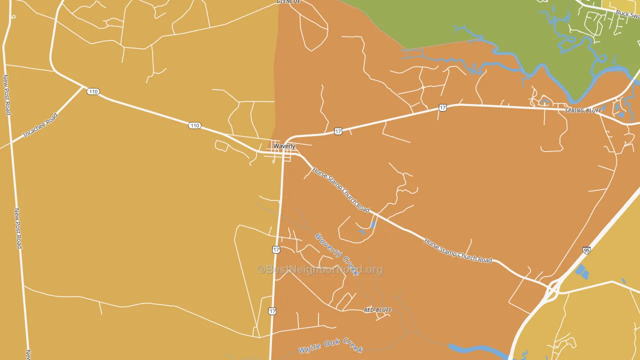 Map of the best neighborhoods in the Red Bluff area, with better matches in green and worse matches in red