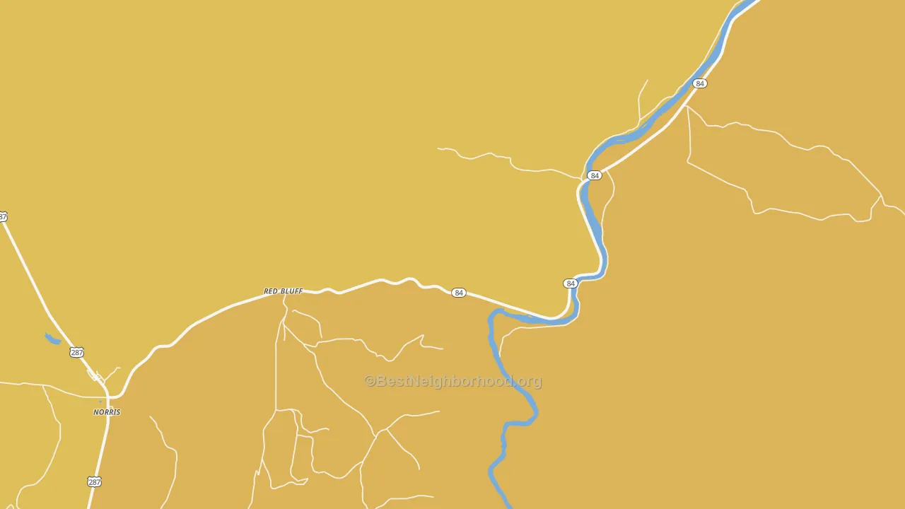 Map of the best neighborhoods in the Red Bluff area, with better matches in green and worse matches in red