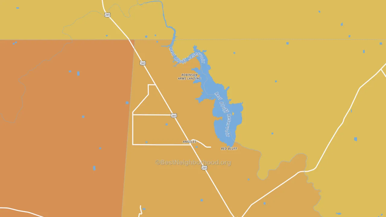 Map of the best neighborhoods in the Red Bluff area, with better matches in green and worse matches in red