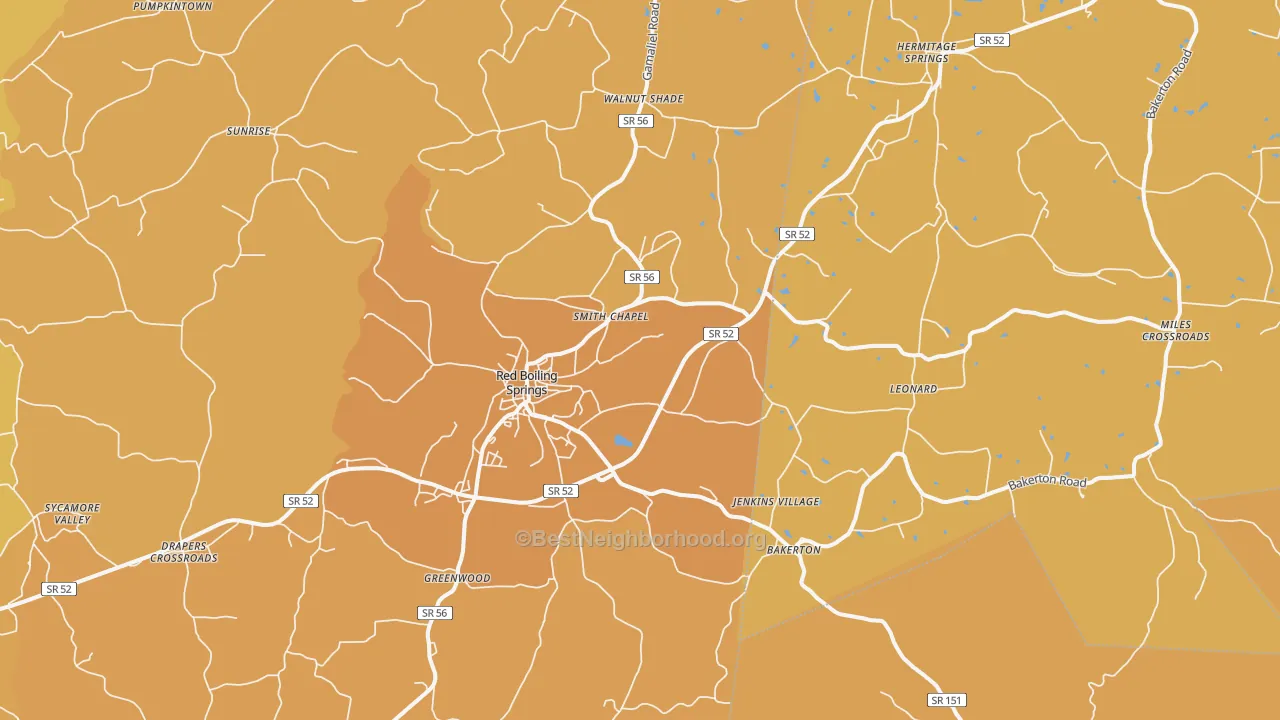 Map of the best neighborhoods in the Red Boiling Springs area, with better matches in green and worse matches in red