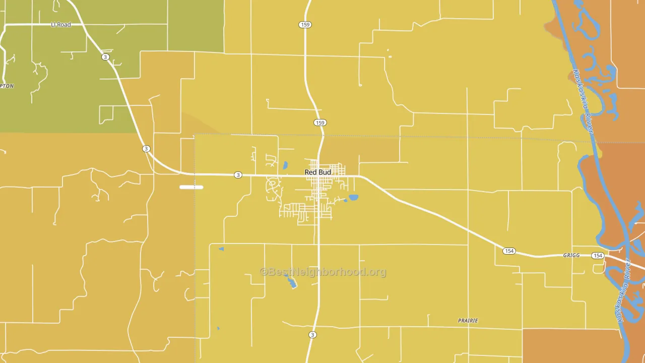 Map of the best neighborhoods in the Red Bud area, with better matches in green and worse matches in red