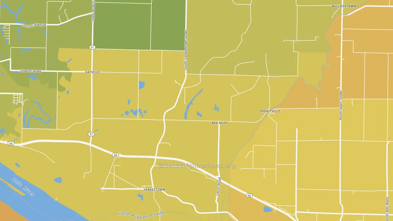 Map of the best neighborhoods in the Red Bush area, with better matches in green and worse matches in red