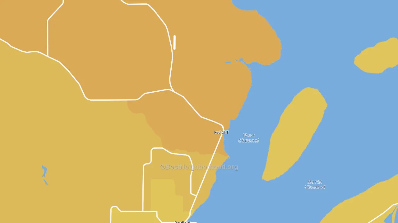 Map of the best neighborhoods in the Red Cliff area, with better matches in green and worse matches in red