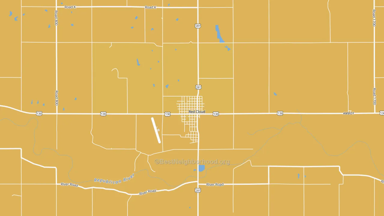 Map of the best neighborhoods in the Red Cloud area, with better matches in green and worse matches in red
