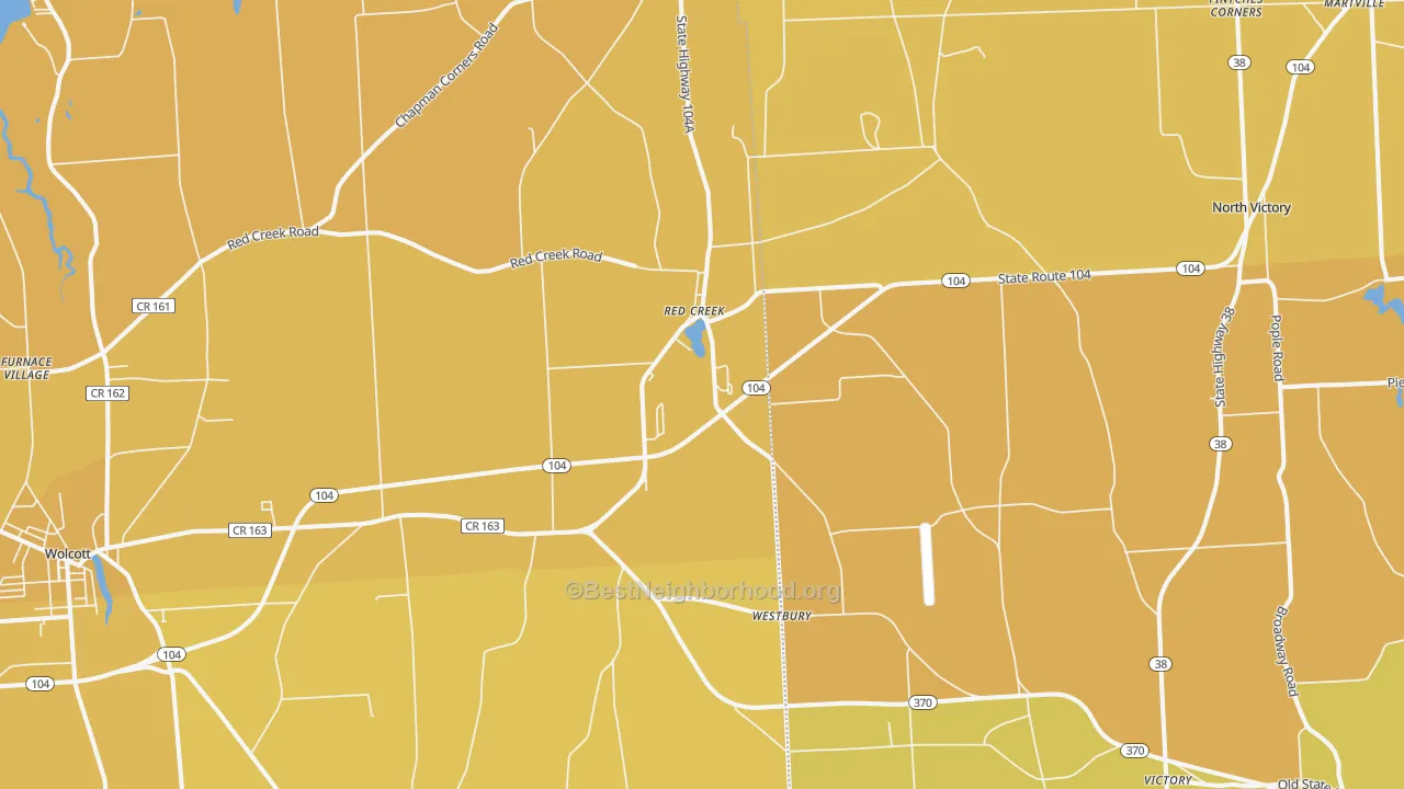 Map of the best neighborhoods in the Red Creek area, with better matches in green and worse matches in red
