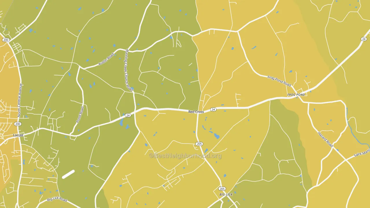 Map of the best neighborhoods in the Red Cross area, with better matches in green and worse matches in red